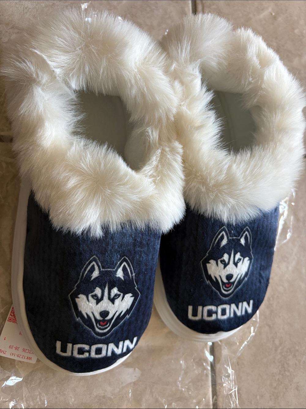 Kids Navy Plush Slipper Shoes with Faux Fur Trim